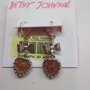 Betsey Johnson New Silver Bow/Pink Heart Earrings